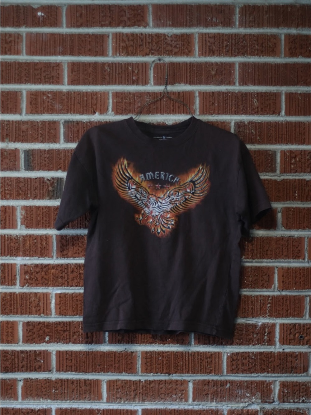 Celebrate America Graphic Baby Tee Womens M Brown Eagle Fire Tribal Y2K Grunge